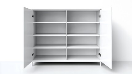 A large white cabinet with six shelves and two doors