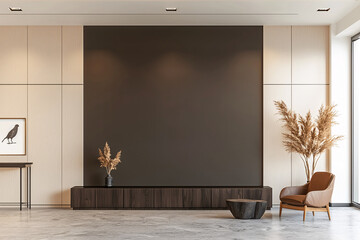 Wall Mural - modern interior featuring sleek dark toned wall, wooden accents, and stylish decor. space exudes contemporary and minimalist vibe, perfect for relaxation