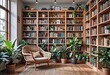 © CamClips - Cozy library, light wood shelves, fiberglass armchair