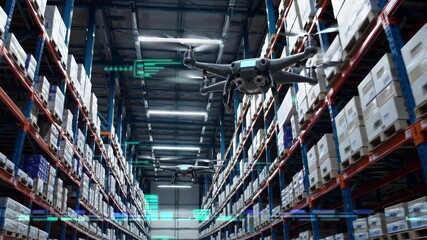 Poster - Drones navigate a futuristic warehouse with advanced VFX and HUD displays for efficient inventory management