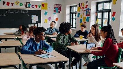 Poster - Students engage in interactive learning with futuristic technology in a classroom setting