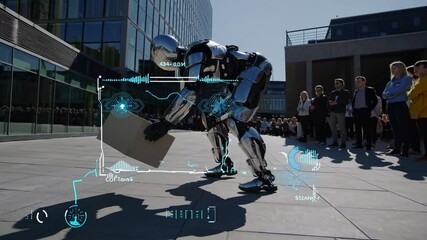 Aufkleber - Futuristic robot performance showcases holographic VFX and HUD technology in urban setting