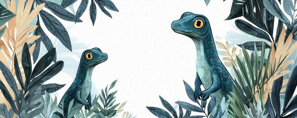 Naklejka na meble Two Adorable Blue Lizards Amidst Lush Tropical Foliage Watercolor Illustration