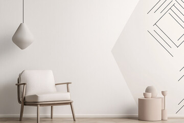 Wall Mural - minimalist interior featuring light colored chair, geometric wall design, and soft pastel decor. serene atmosphere invites relaxation and calmness