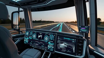 Aufkleber - Futuristic dashboard with holographic displays showcasing advanced VFX in a self-driving truck on a highway