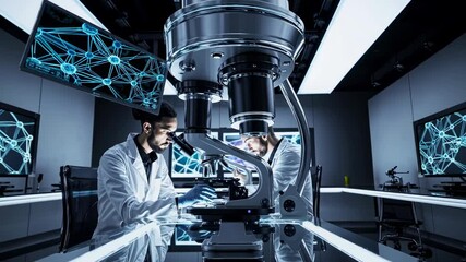 Fototapete - Scientists explore microscopic life in a high-tech lab using holographic visuals and advanced VFX techniques