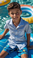 Wall Mural -  A boy in swim trunks and a shortsleeve buttonup shirt on a pool float background