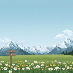 Poster - Scenic Mountain Landscape with Flowers and Signpost