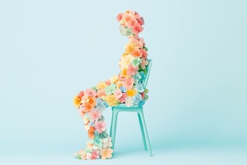 Canvas Print - Unique floral figure decoration concept showcasing colorful flower covered model seated on a teal chair, representing beauty and nature s harmony