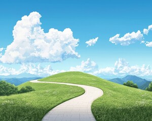 Wall Mural - scenic pathway through lush green hills and blue sky