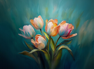 Aufkleber - A vibrant oil painting depicts a bouquet of four tulips in soft peach, white, and pink hues against a teal background.  The brushstrokes are visible, creating a textured effect.