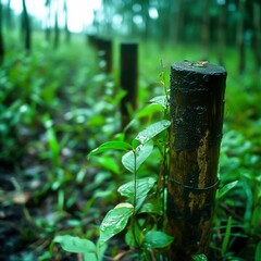 Wall Mural - Wooden Posts Surrounded by Lush Greenery in a Forest Setting