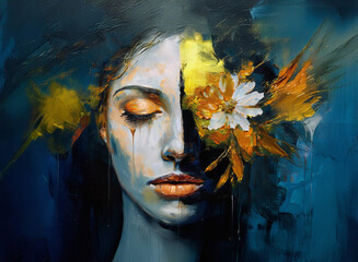 Aufkleber - A serene woman's face, half-concealed by vibrant, blossoming flowers.  The painting uses a striking contrast of dark and light, cool and warm tones to create a dreamlike atmosphere.