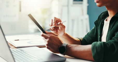 Aufkleber - Trader, office and tablet in hands for business, economy research and stock market update. Man, digital pen and technology in agency for online banking, budget planning or investment feedback in app