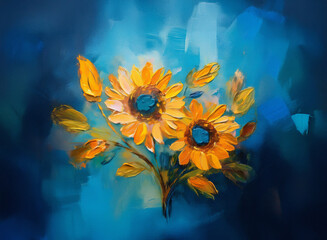Aufkleber - Vibrant oil painting of sunflowers, rendered with impasto technique against a moody blue background. The flowers are depicted in warm, golden hues, capturing the essence of summer.