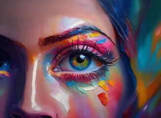 Aufkleber - Close-up of a woman's eye and face, adorned with vibrant, abstract makeup.  The colors are bold and playful, creating a striking visual effect.
