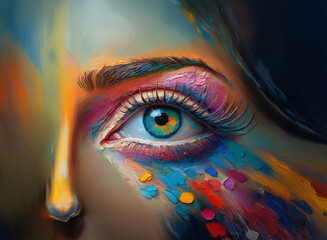 Aufkleber - A close-up of a woman's eye, adorned with vibrant, abstract makeup.  The colors are bold and blend seamlessly, creating a captivating and artistic effect.