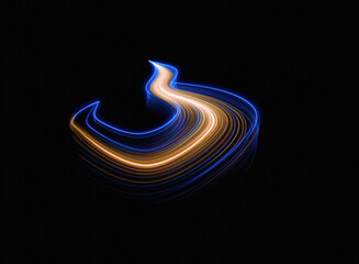 Leinwandbilder - Abstract light painting art. Glowing blue and orange trails create a dynamic, swirling, three-dimensional form against a black background.  The image evokes motion and energy.
