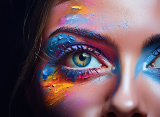 Aufkleber - Close-up of a woman's face adorned with vibrant, colorful makeup resembling abstract art. The hues create a striking visual contrast against her skin.