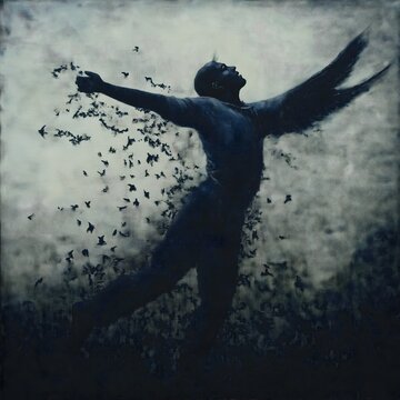 Freedom's Embrace: An artistic portrayal of a man with outstretched arms, his form intertwined with a flock of birds in mid-flight, symbolizing liberation and the boundless spirit.