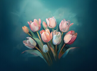 Fototapete - A soft, dreamy bouquet of pastel tulips against a teal background.  The painting style evokes a sense of serenity and spring.