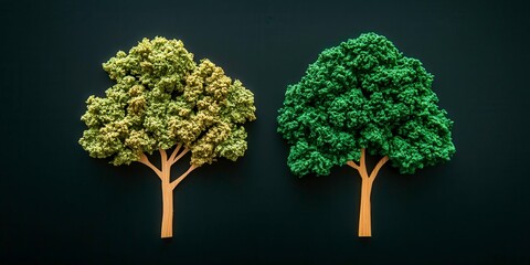 Wall Mural - Vibrant Simulation of Two Distinct Tree Styles on Dark Background