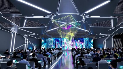 Leinwandbilder - Futuristic conference showcasing holograms and advanced VFX with an engaging HUD environment