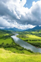 Wall Mural - Serene River Landscape Under Dramatic Clouds