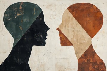 abstract artwork depicting two human profiles in contrasting black, green, beige, and brown tones, s