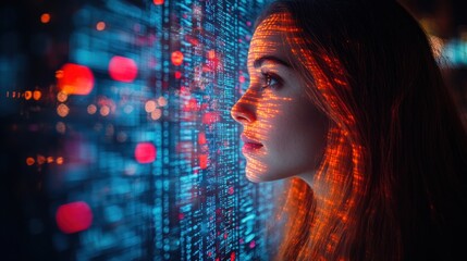 Woman's profile illuminated by digital data stream projection.