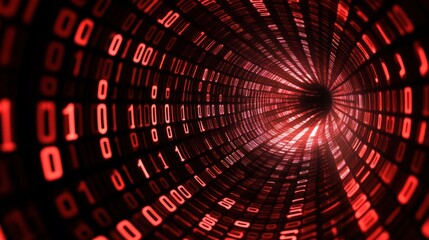 Red binary code tunnel, digital data stream, abstract technology background.