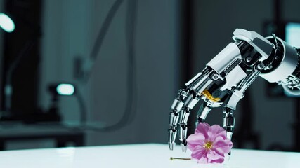 Aufkleber - Futuristic robotic hand gently interacts with a delicate flower in a modern lab environment
