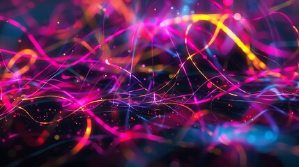 Wall Mural - elegant pink and purple glowing light trails with shiny particles on dark background.