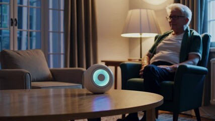 Poster - Elderly man interacts with futuristic hologram device in cozy living room setting