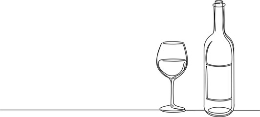 Wall Mural - continuous single line drawing of glass of wine and wine bottle, line art vector illustration