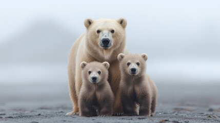 Wall Mural - Polar bear mother and two cubs standing together on a misty beach.