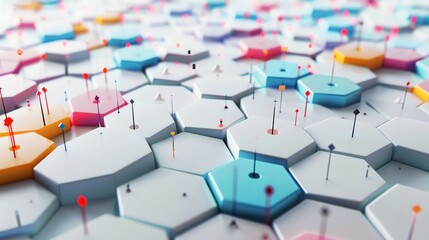 Wall Mural - 3d rendering of colorful hexagonal grid with random pins. abstract background with geometric shapes.