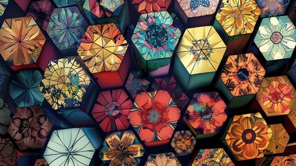 Wall Mural - colorful 3d rendering of a honeycomb pattern with a variety of floral and geometric designs.