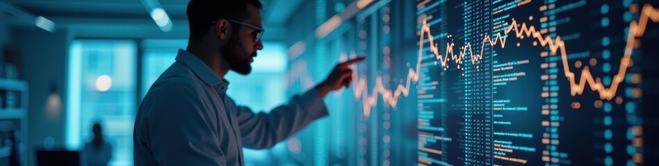 Scientist analyzing neural network algorithms on a transparent screen in a high-tech lab, focused innovation concept. Futuristic Technology LinkedIn Banner
