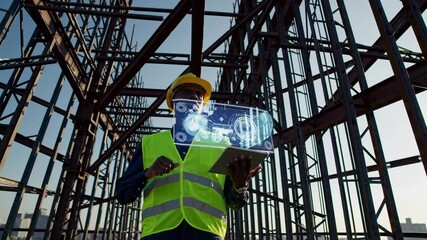 Aufkleber - Construction worker interacts with holographic display on futuristic site