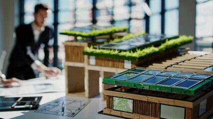 Leinwandbilder - Innovative architectural design process unfolds as professionals analyze a detailed model in a modern workspace