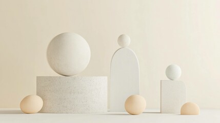 Sticker - Minimalistic still life composition featuring white geometric shapes with softly colored eggs, conveying tranquility and harmony in a modern design