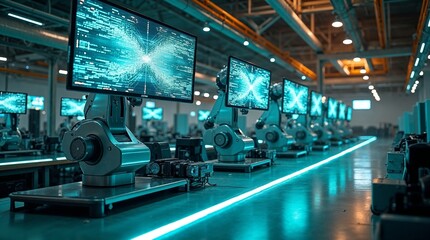 Robotic Arms Displaying Scrolling Code in High-Tech Industrial Facility
