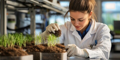 Wall Mural - laboratory agricultural science crop analysis with a researcher examining soil samples in a modern l