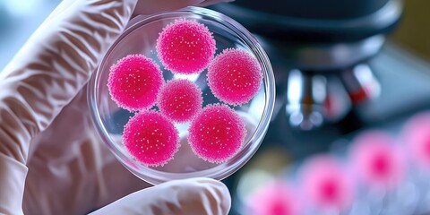 Wall Mural - close-up of a scientist observing bacteria culture under a microscope in a sterile laboratory enviro