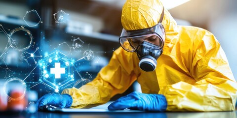Wall Mural - chemical safety demonstration in a modern laboratory featuring protective gear and hazardous materia