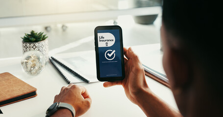 Aufkleber - Phone, office and hands of person with life insurance for health, investment and policy. Professional, screen and worker on smartphone for online application, security and protection on mobile app