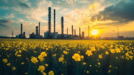 Wall Mural - A field of yellow flowers with a sunset in the background. The sun is setting behind the tall buildings in the distance