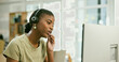 © peopleimages.com - Woman, call center consultant and computer for communication, customer service or e commerce support. African agent speaking with headphones for virtual advice or helping online with questions or FAQ