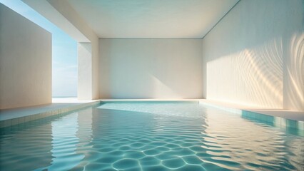 Wall Mural - Serene Minimalist Indoor Pool Design with Ocean View and Sunlight Patterns on Walls